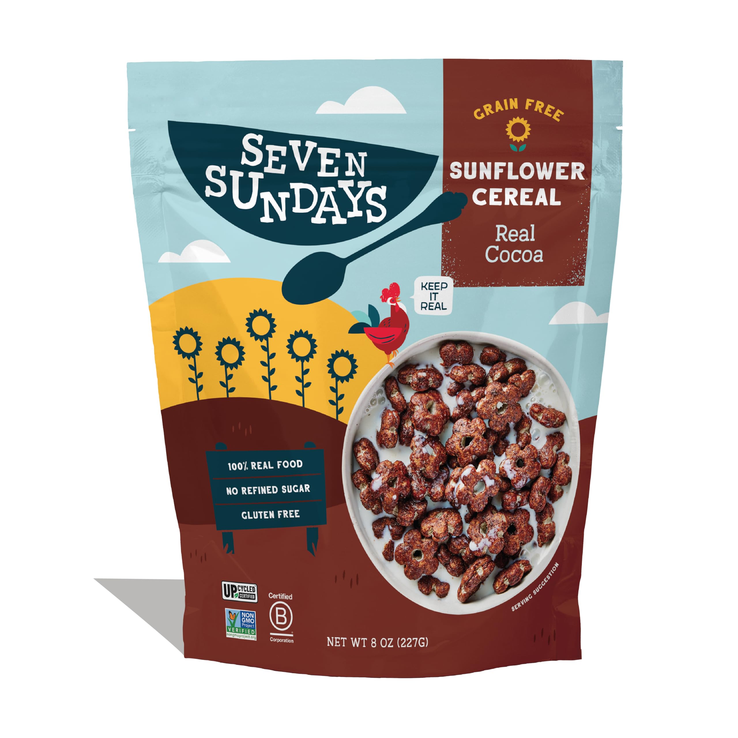 Seven Sundays Real Cocoa Sunflower Cereal bag highlights gluten-free vegan ingredients for a clean breakfast.