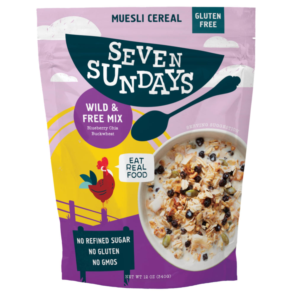 Seven Sundays Wild & Free Blueberry Chia Muesli pouch for quick on-the-go breakfast.