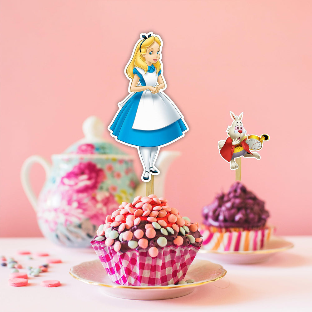 Seyal Alice in Wondrland colorful illustrations topper brightens dessert tables.