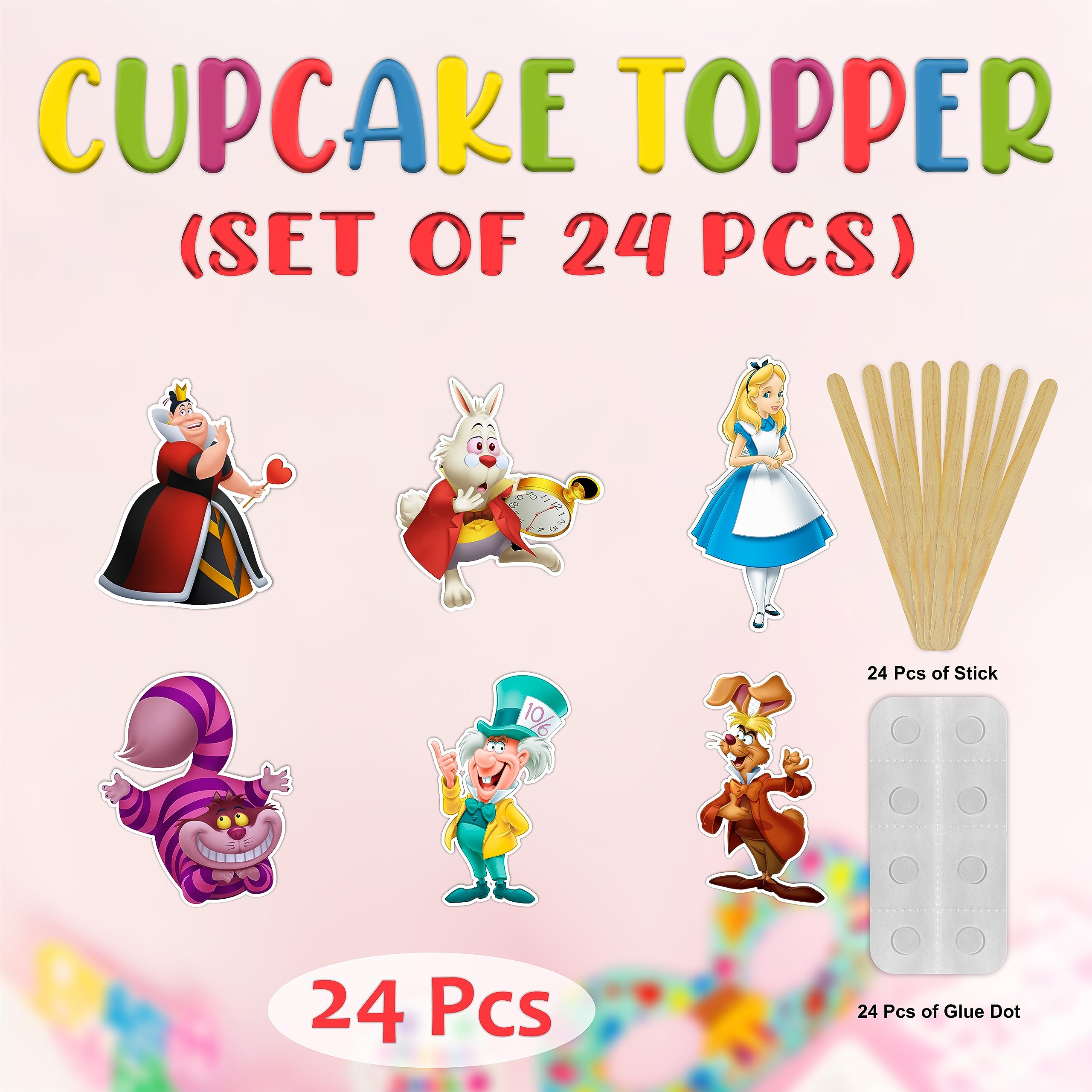 Seyal Alice in Wondrland toppers come pre-attached to sturdy sticks.