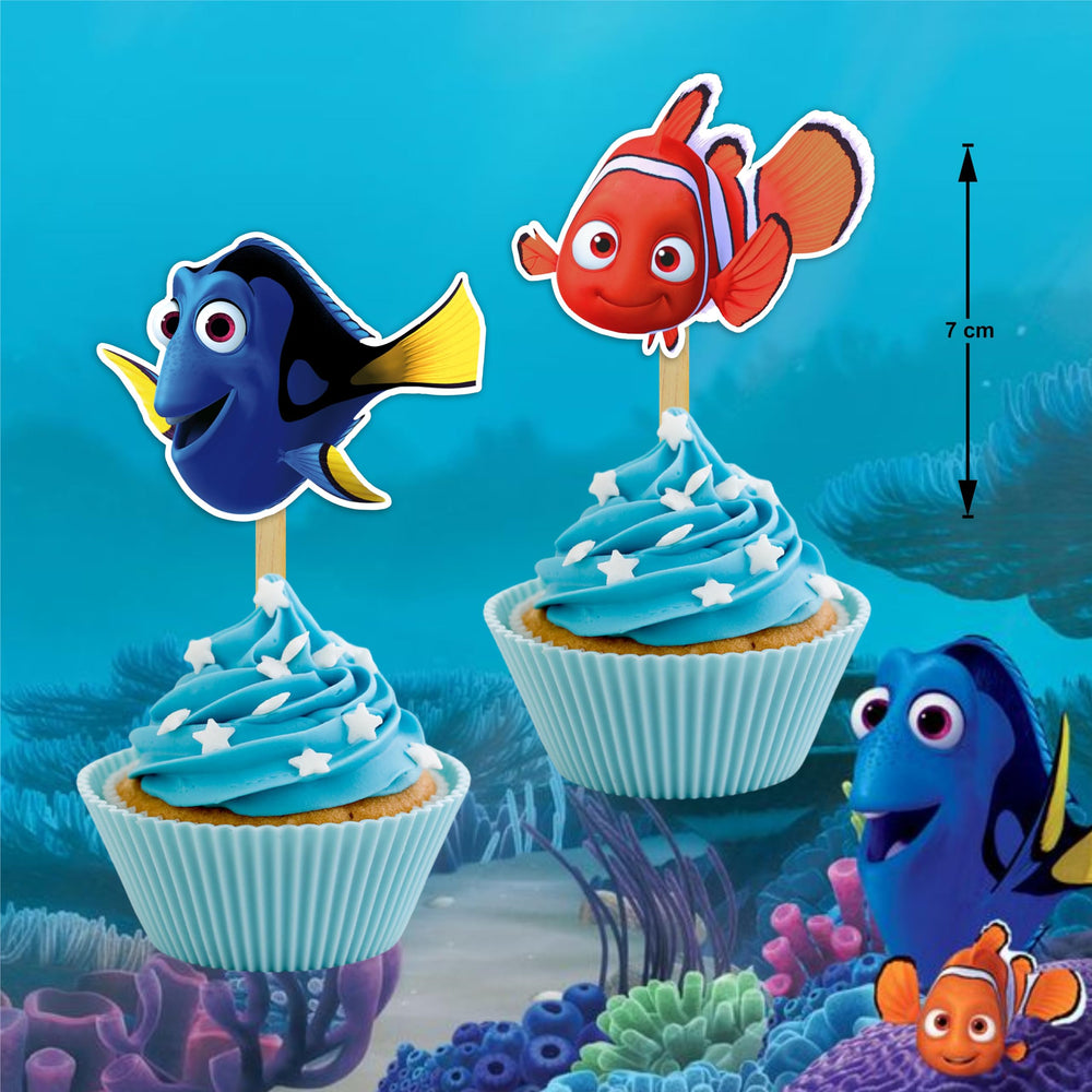 Bright color Findng Nmo topper on cupcake adds underwater charm