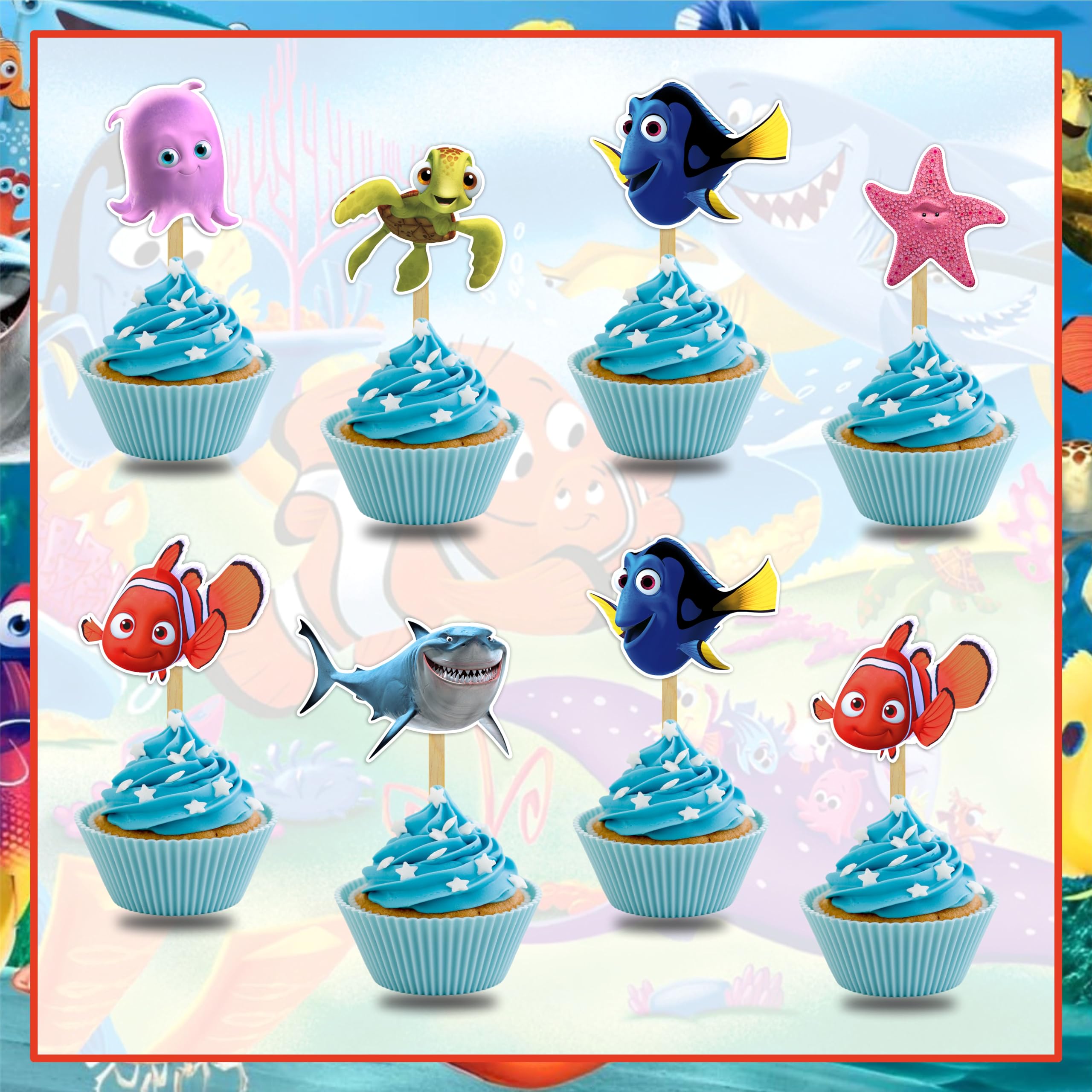 Seyal Findng Nmo cupcake topper on cupcake with ocean theme enhances dessert decor
