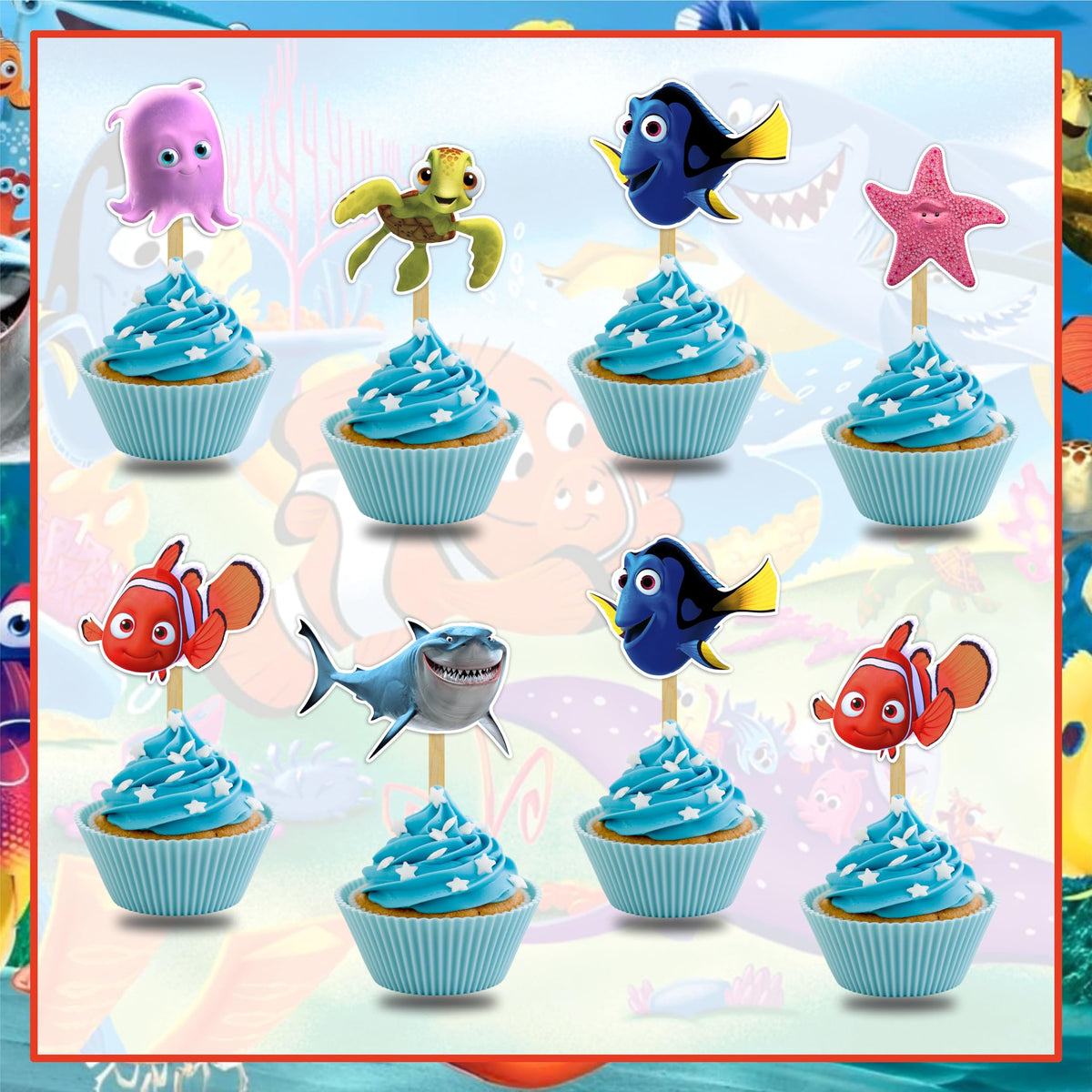 Seyal Findng Nmo cupcake topper on cupcake with ocean theme enhances dessert decor