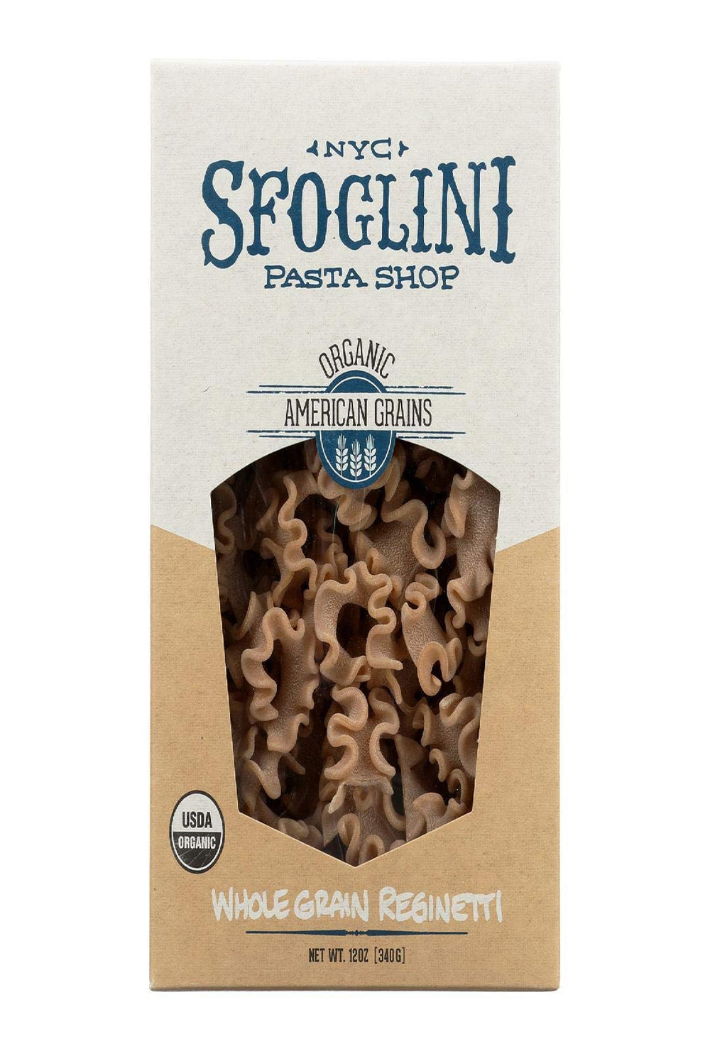 Sfoglini whole grain blend Reginetti pack shot, ideal for quick, satisfying weeknight dinners.