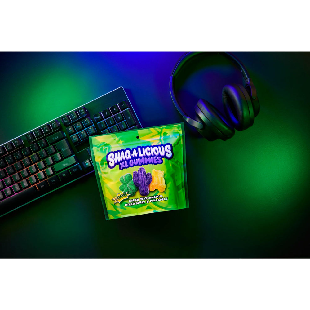 SHAQ-A-LICIOUS XL Gummies on desk snack for quick pick-me-up