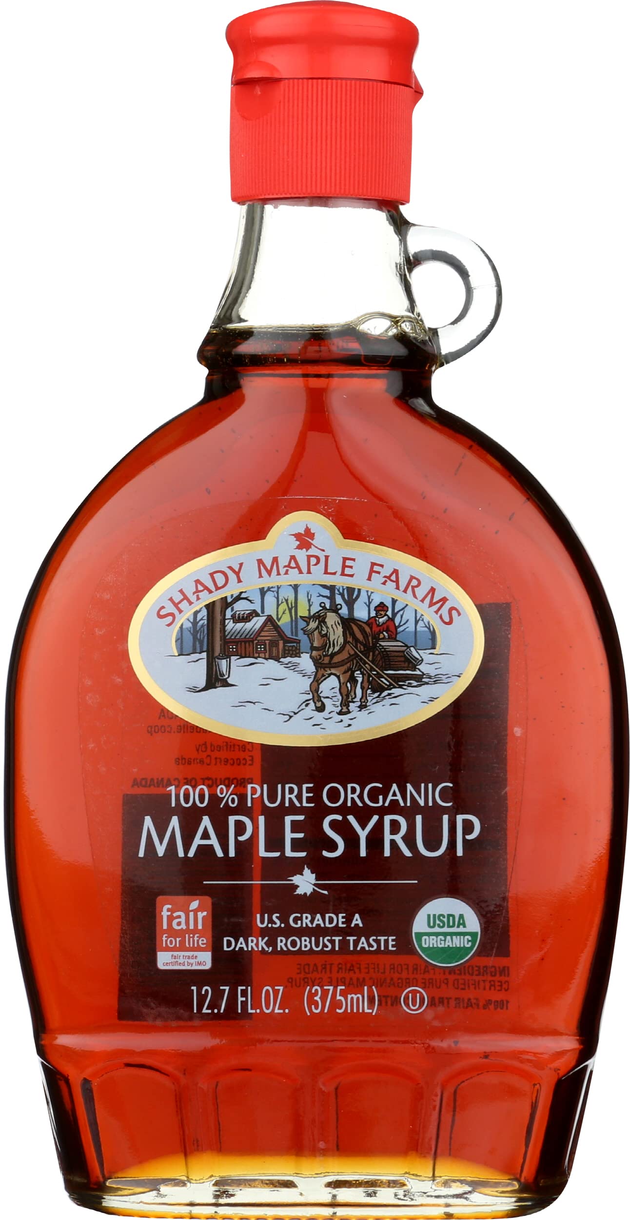 Shady Maple Farm maple syrup bottle close-up showing rich amber color