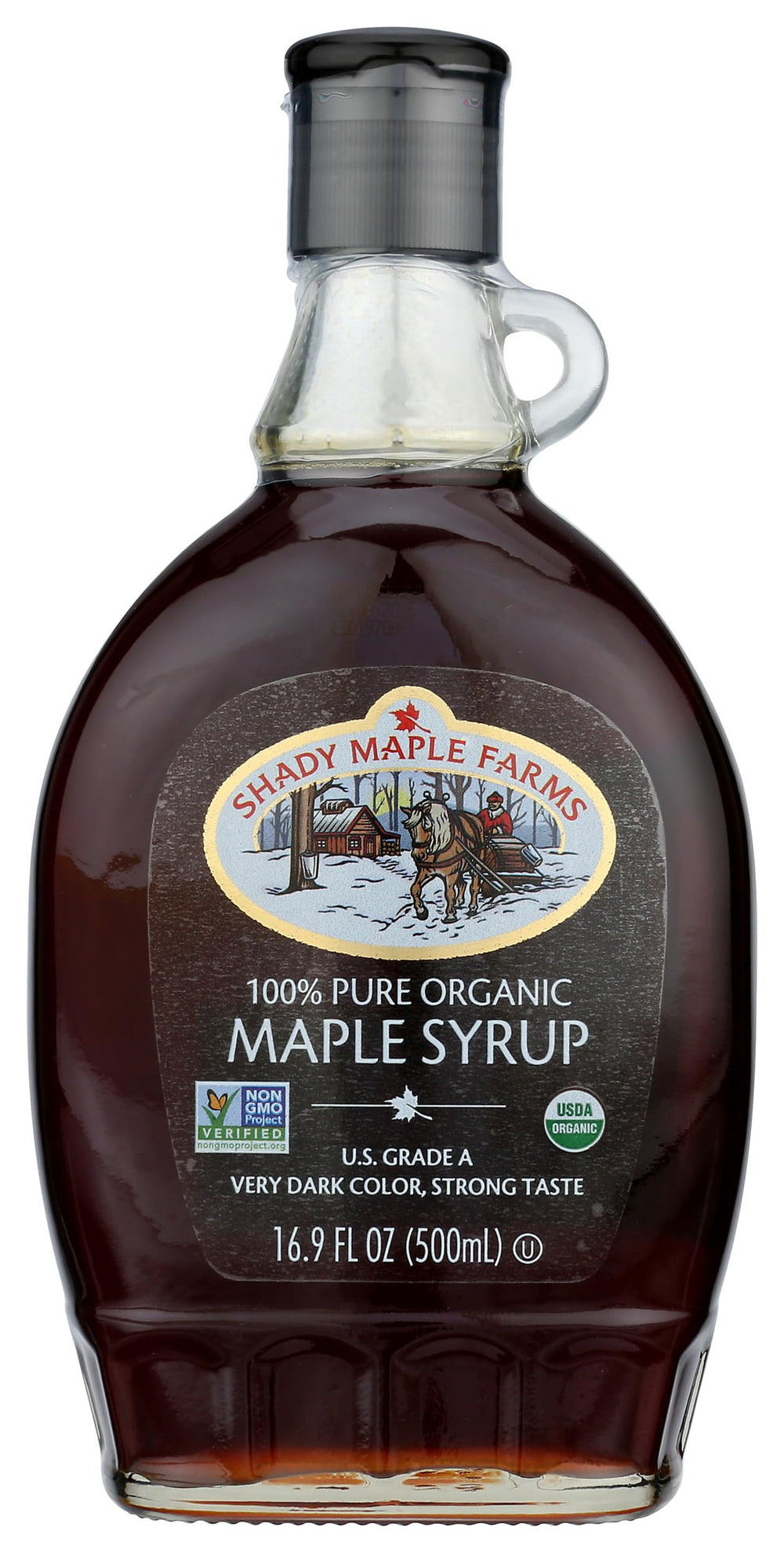 Shady Maple Farm organic very dark syrup in bottle boosts breakfast flavor with bold sweetness