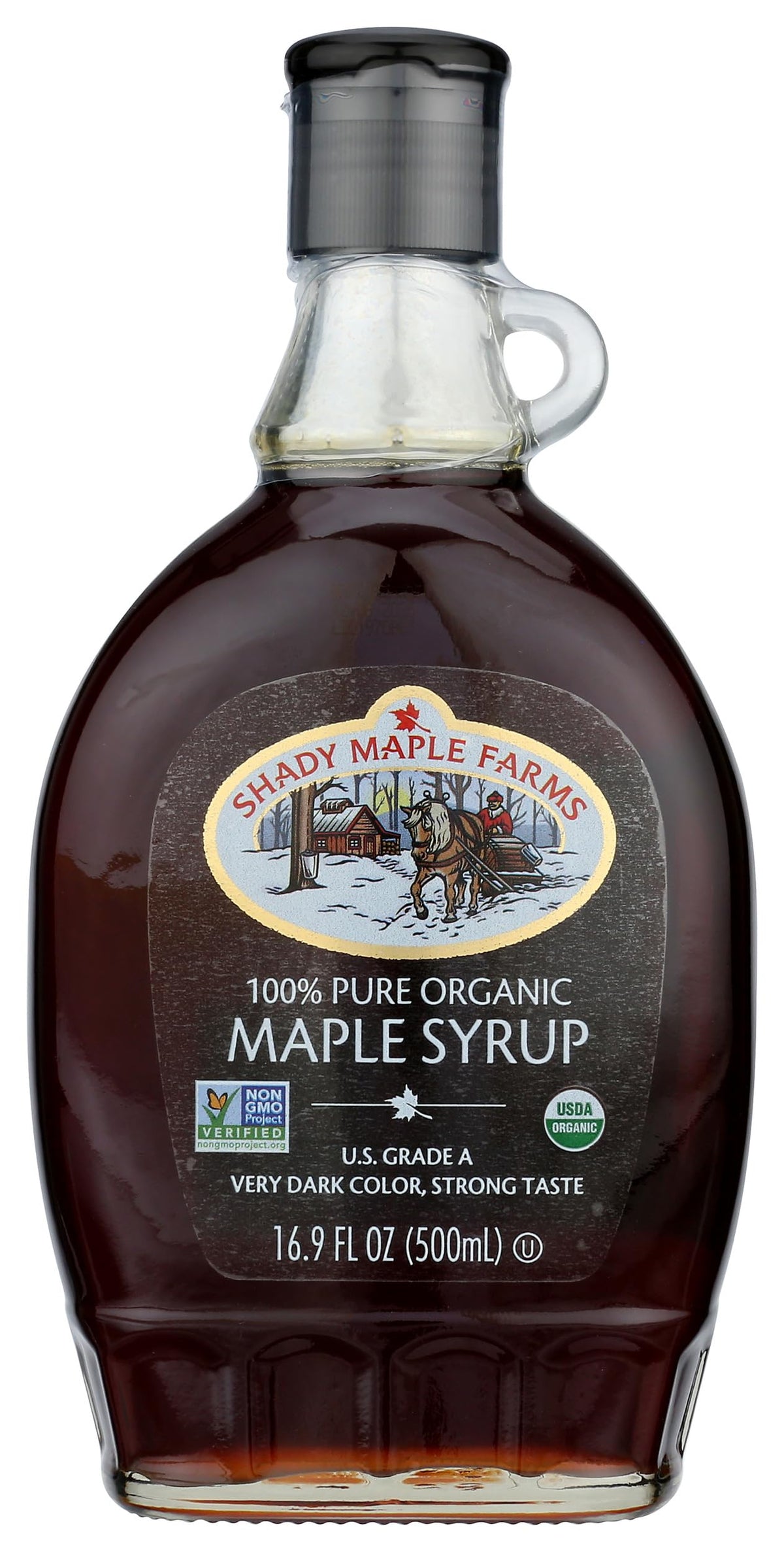 Shady Maple Farm organic very dark syrup in bottle boosts breakfast flavor with bold sweetness