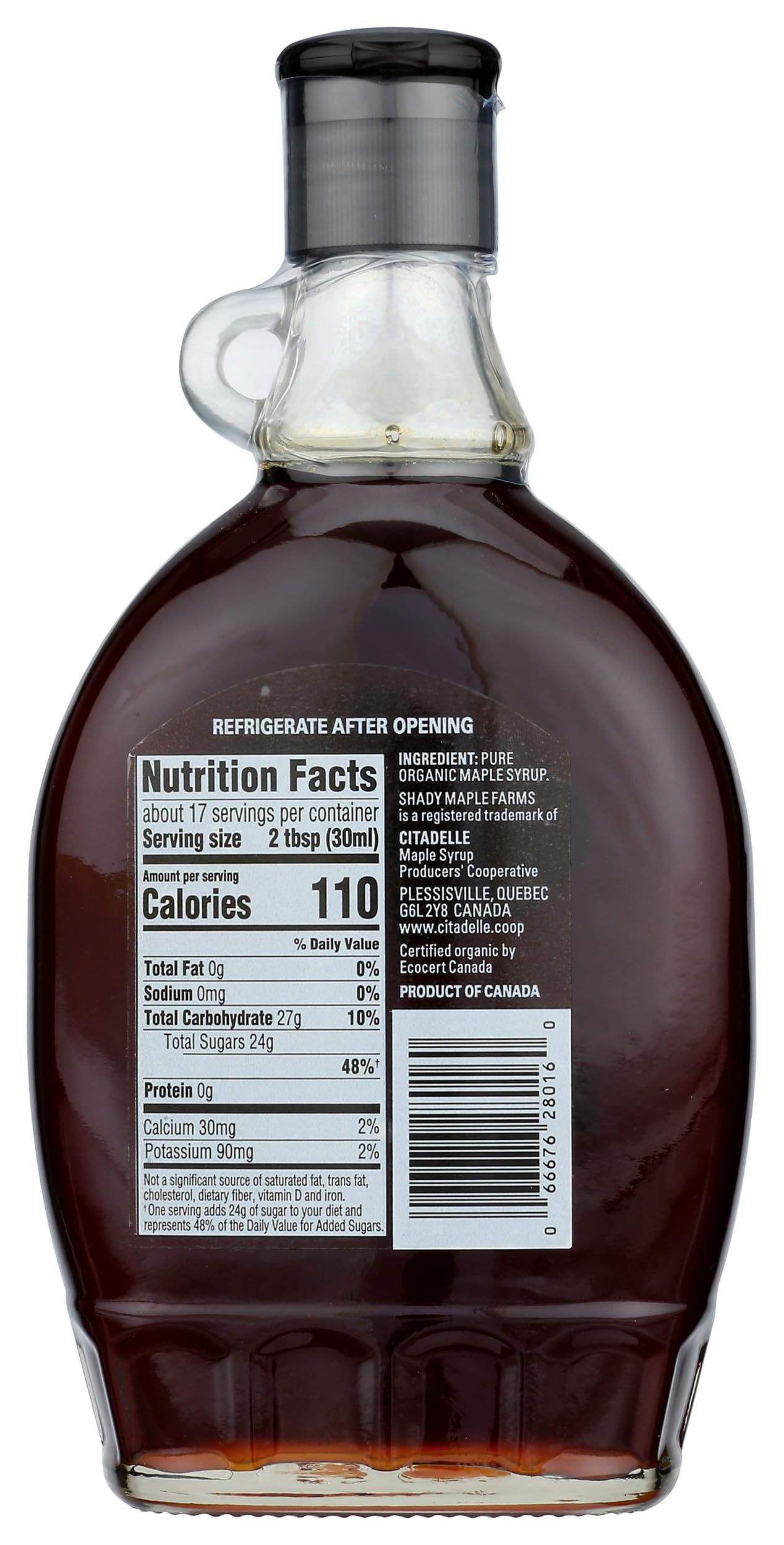 Shady Maple Farm organic very dark syrup label highlights organic and fair trade sourcing