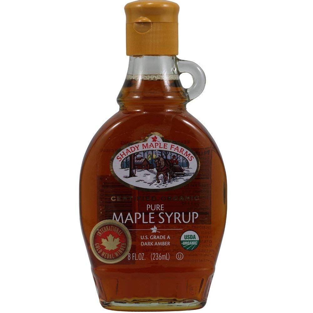Shady Maple Farms amber maple syrup bottle for pancakes and desserts