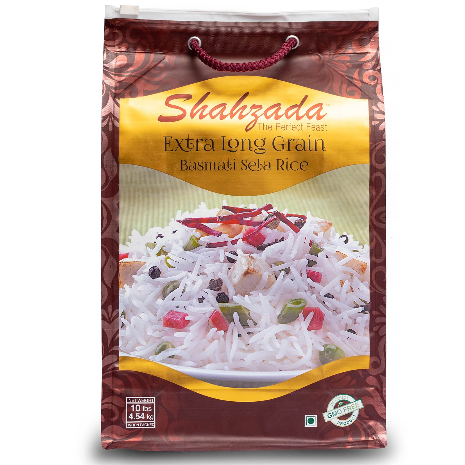 Shahzada Basmati Sela Rice in 10lb bag for home cooking with long, fluffy grains.