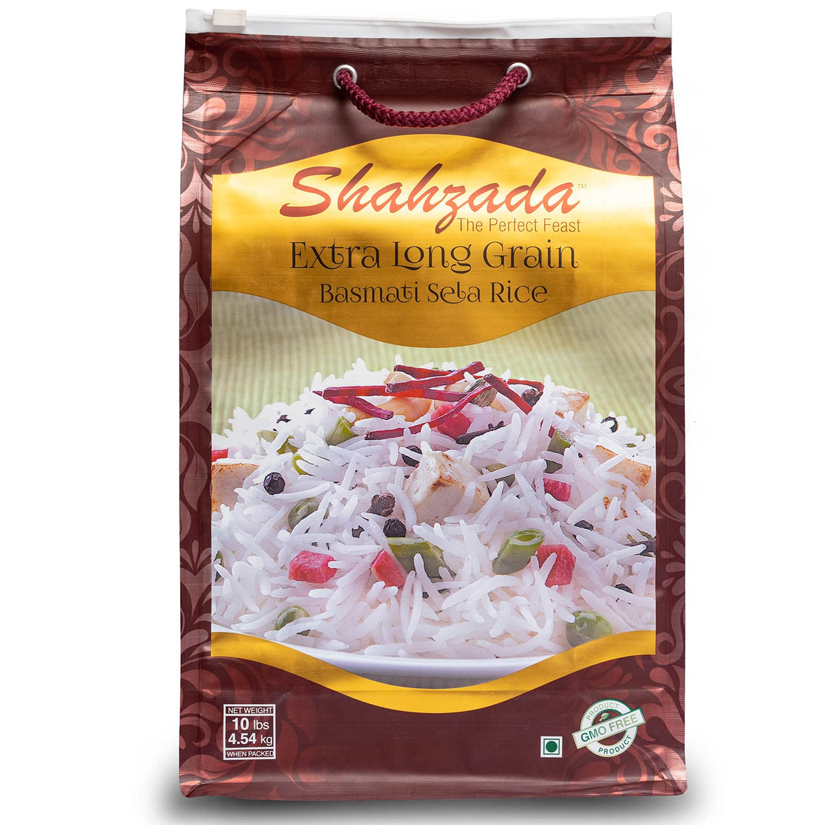 Shahzada Basmati Sela Rice in 10lb bag for home cooking with long, fluffy grains.
