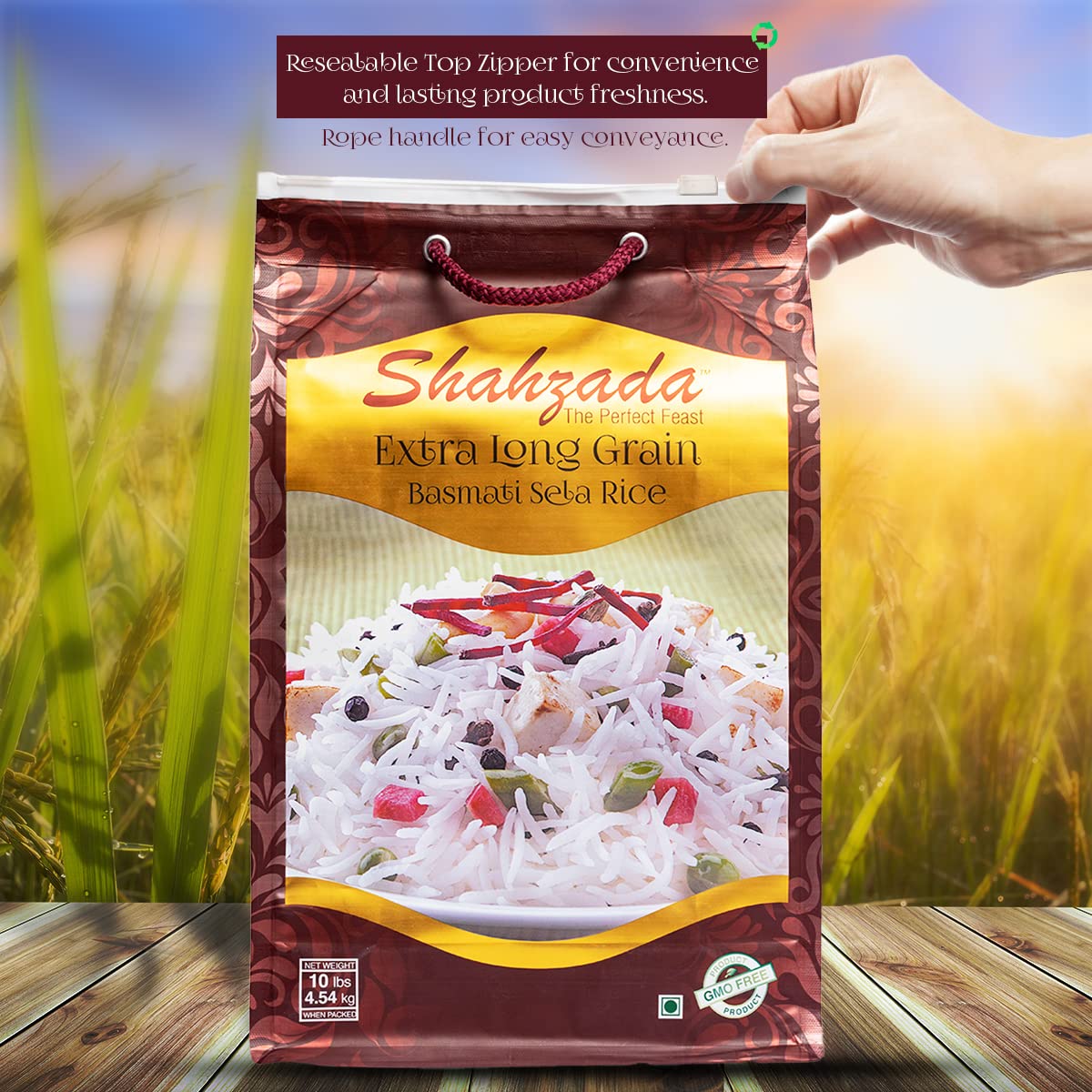 Shahzada Basmati Sela Rice gluten-free and non-GMO for versatile meals.