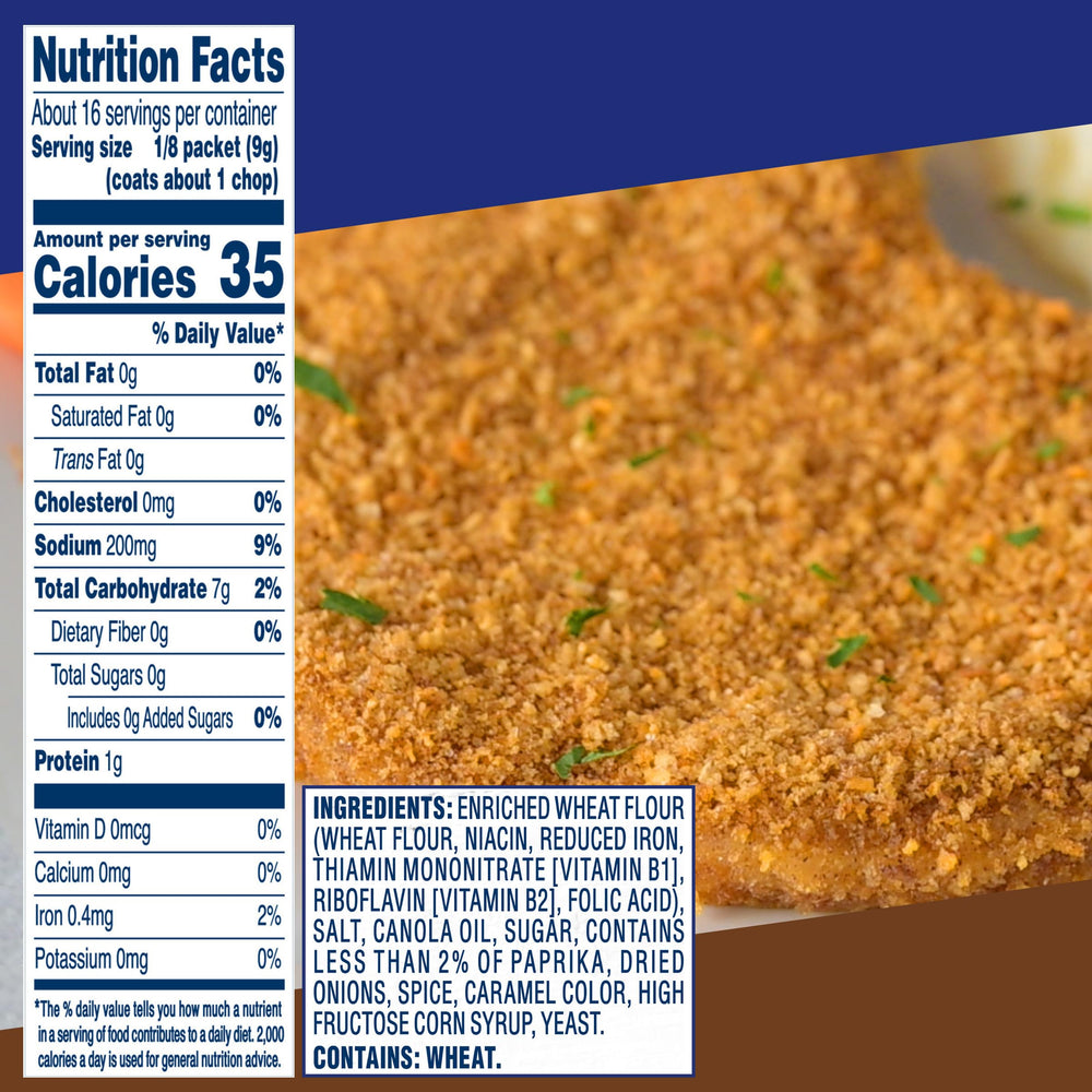 SHAKE'N BAKE Original Pork coating being poured from a pouch to coat meat for flavor.