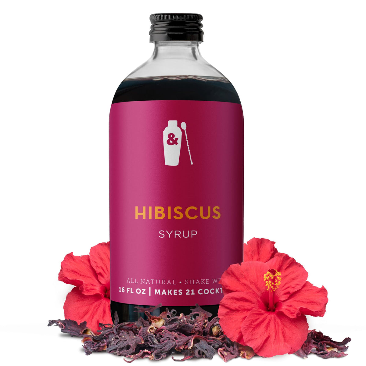 Shaker & Spoon Hibiscus Syrup bottle highlighting floral notes for cocktails