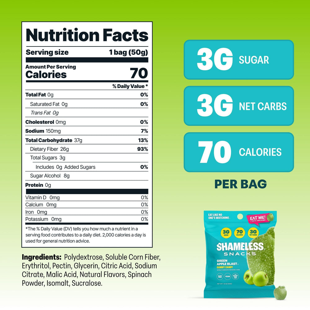 Shameless Green Apple Blast closeup highlights vibrant gummies and true apple flavor.