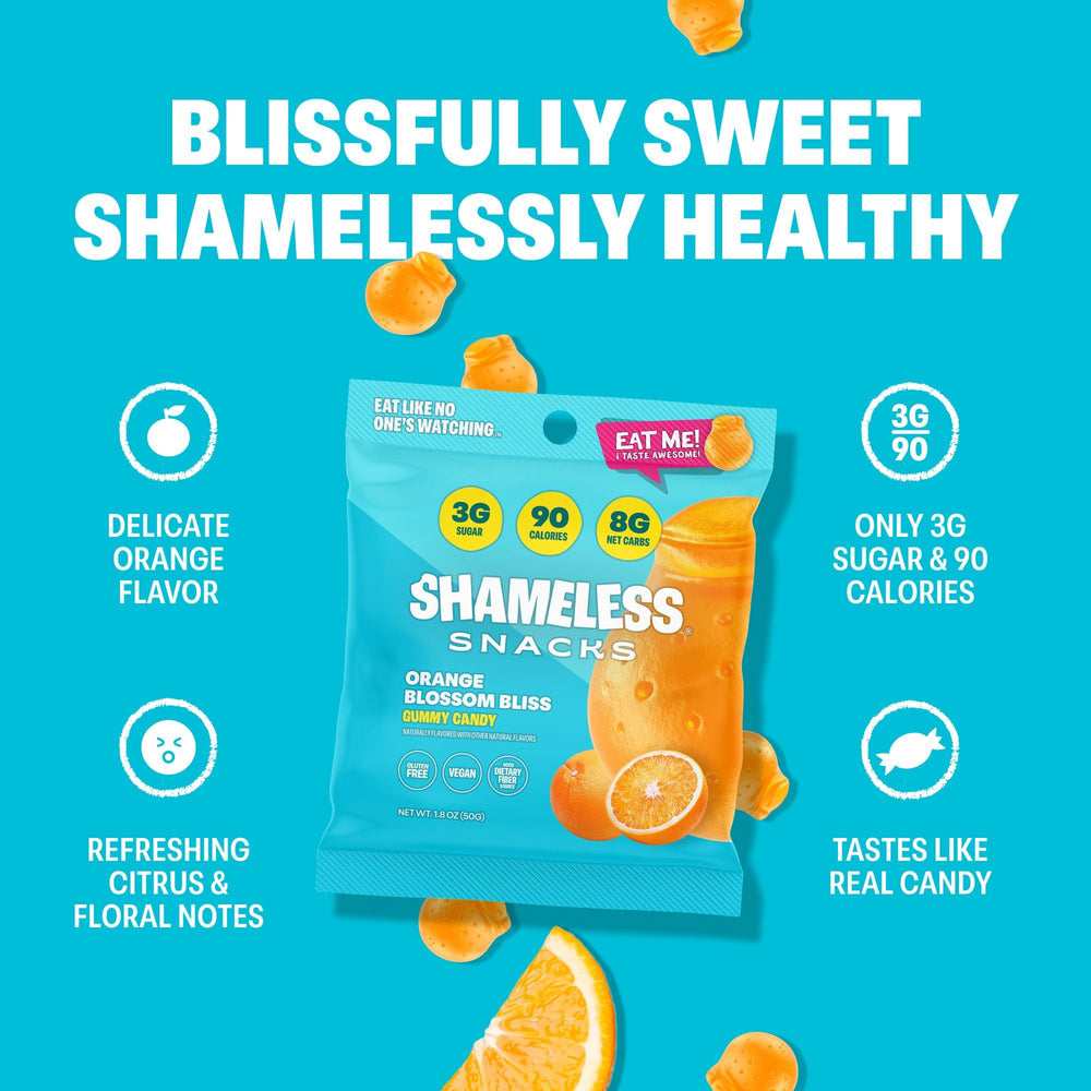 Shameless Orange Blossom Gummy closeup reveals soft, chewy texture.