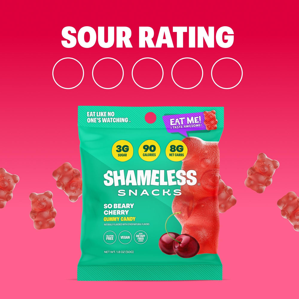Boxed Shameless Snacks six-pack with Beary Cherry color palette