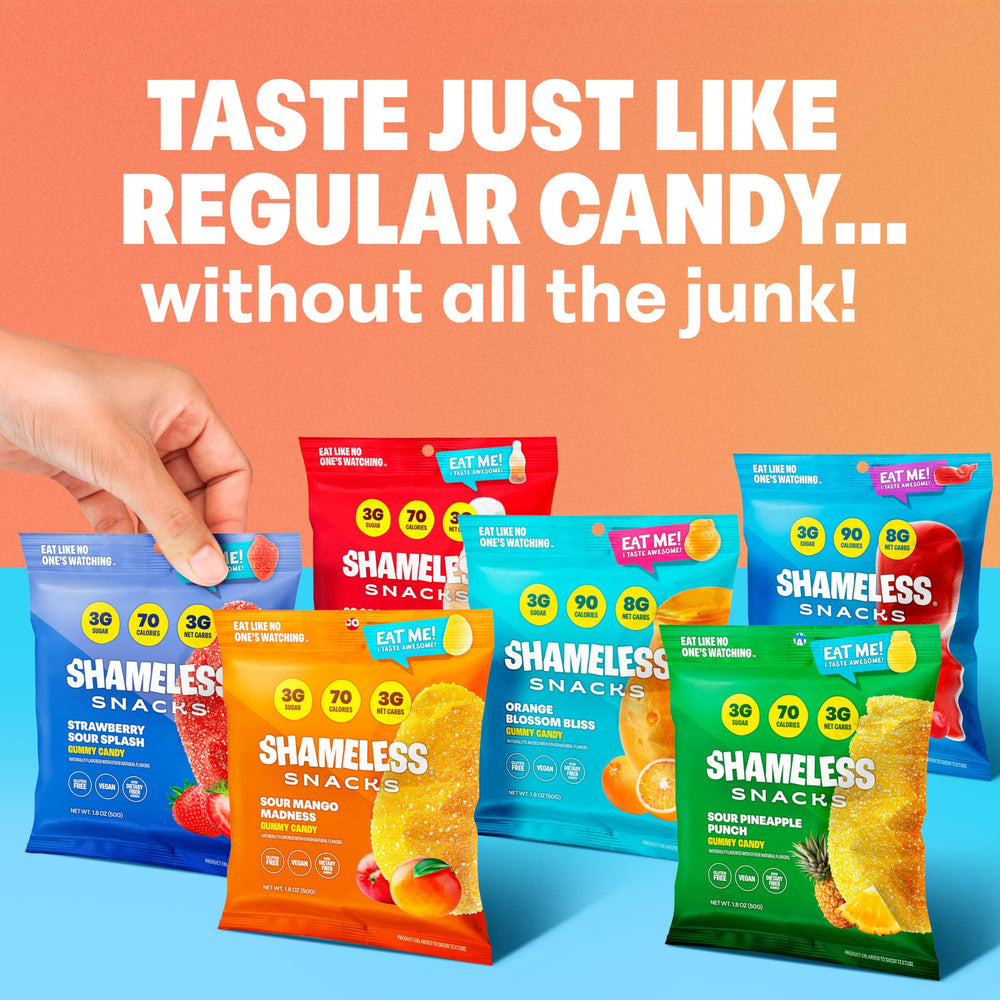 Shameless Snacks Candy Carnival orange gummies offer zesty citrus flavor for sunny snack moments