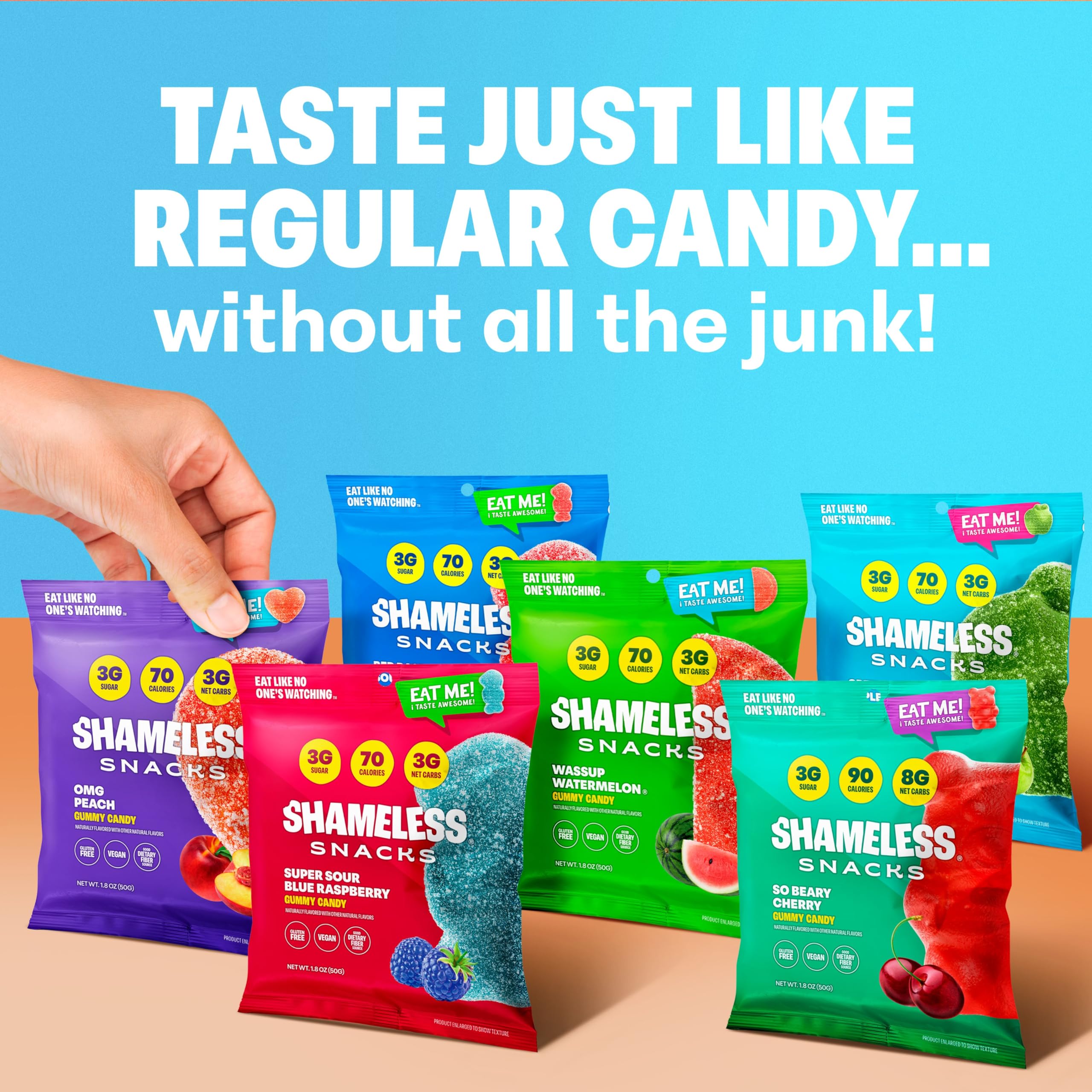 Shameless Snacks cherry gummies: 3g sugar per bag, bold taste.
