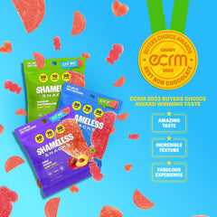 Shameless Snacks sour peach gummies close-up highlighting tangy flavor and vegan ingredients