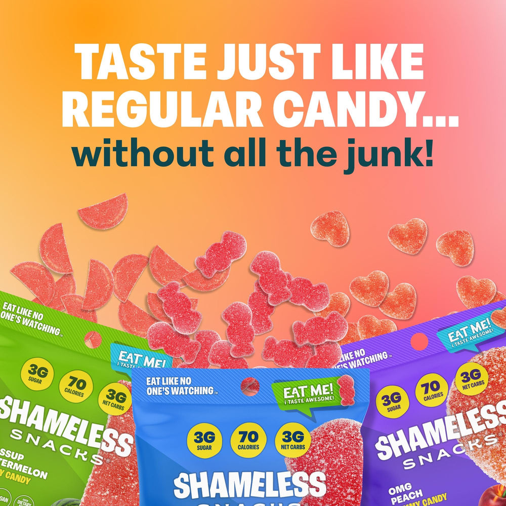 Shameless Snacks watermelon gummies close-up highlighting refreshing taste for keto snacking