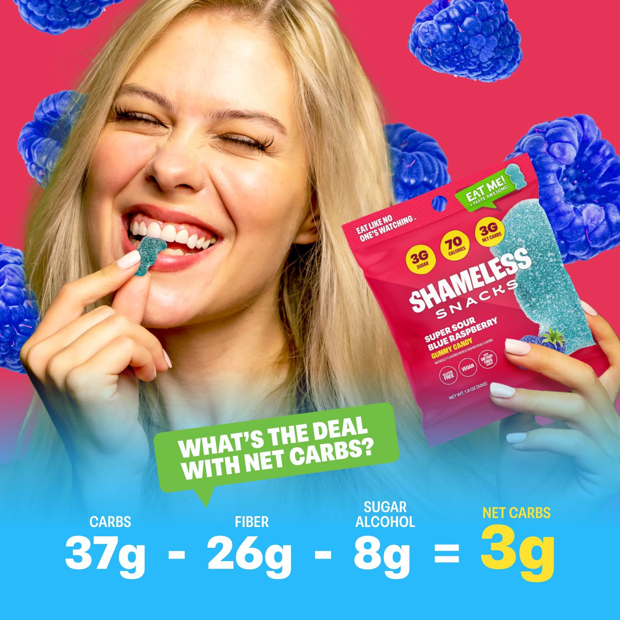 Shameless Snacks keto-friendly claim graphic reinforces low-carb indulgence