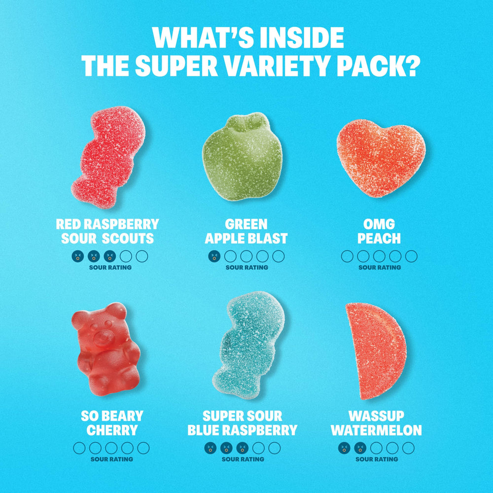 Shameless Snacks front view of variety pack with colorful gummies.