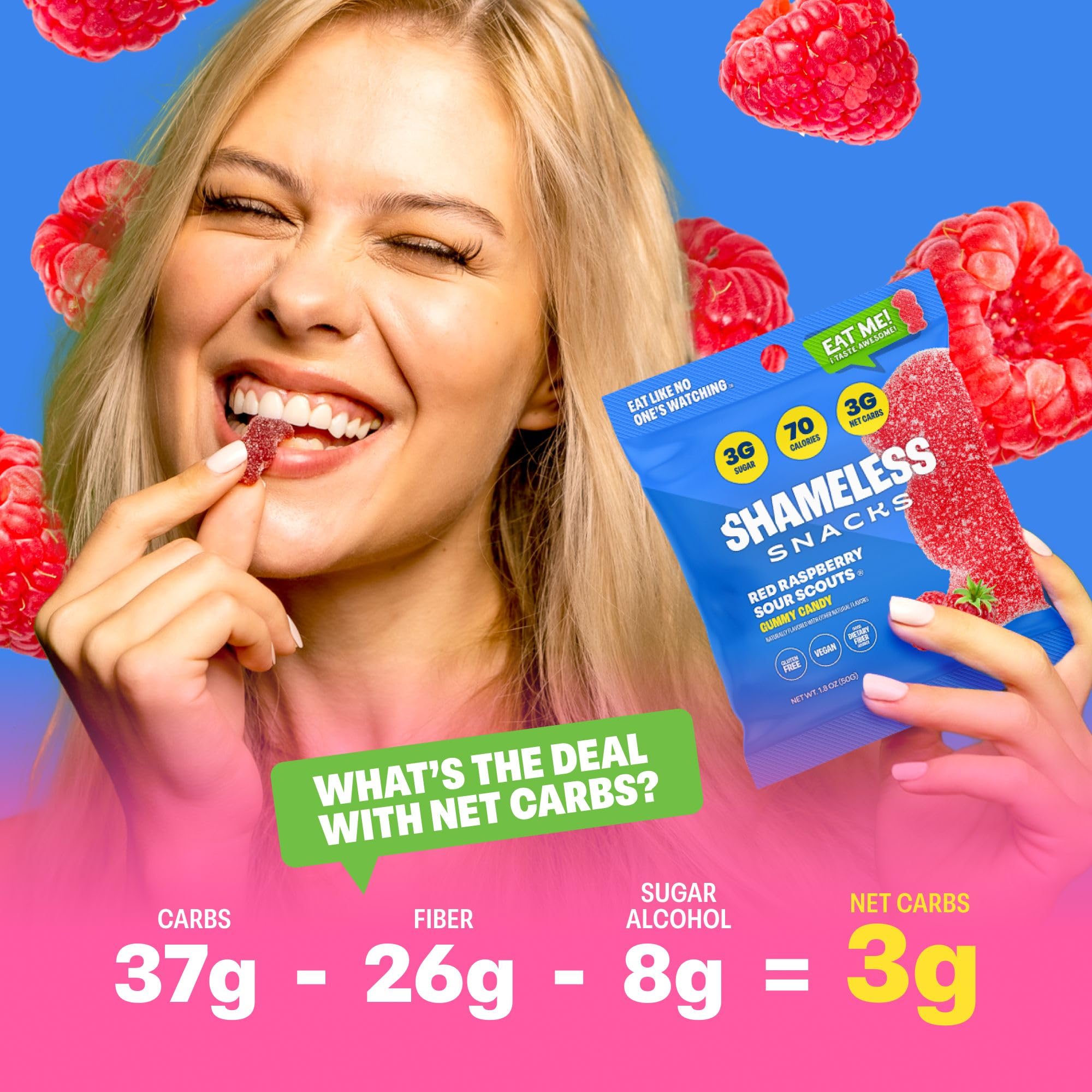 Shameless Snacks red raspberry sour glossy candy closeup emphasizes bold flavor without excess sugar.