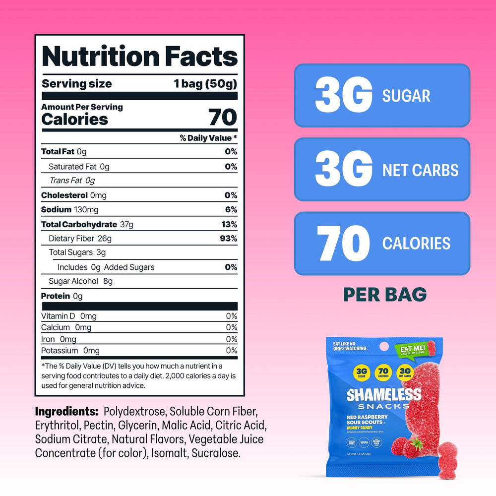 Shameless Snacks red raspberry sour gummies closeup-gloss reveals vibrant texture for guilt-free snacking.
