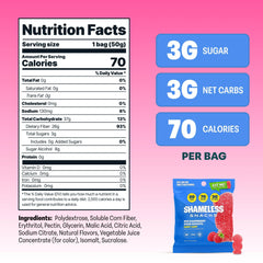 Shameless Snacks red raspberry sour gummies closeup-gloss reveals vibrant texture for guilt-free snacking.