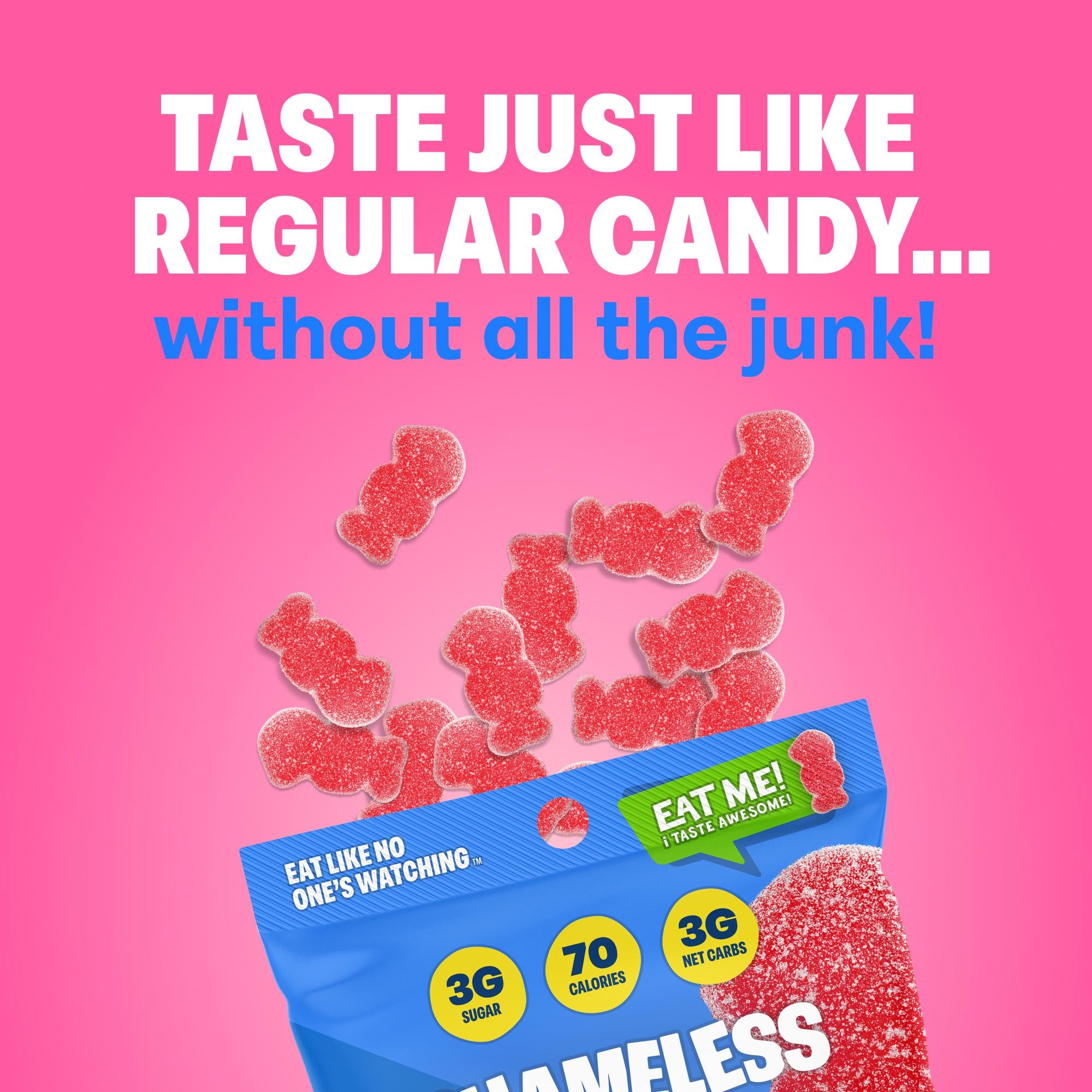 Shameless Snacks red raspberry sour gummies in-hand demonstrates portion-controlled, low-carb snacking.