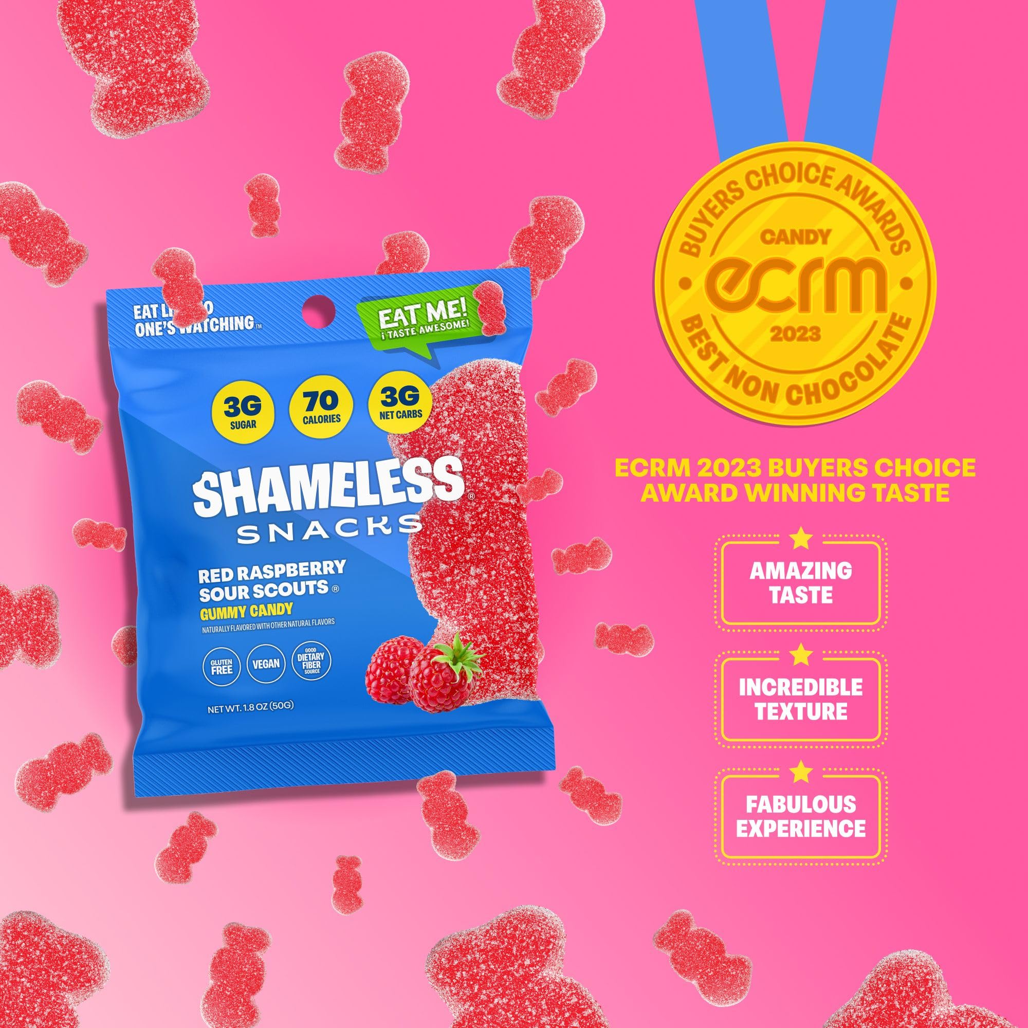 Shameless Snacks red raspberry sour gummies on plate suggests shareable treats with 70 calories per bag.
