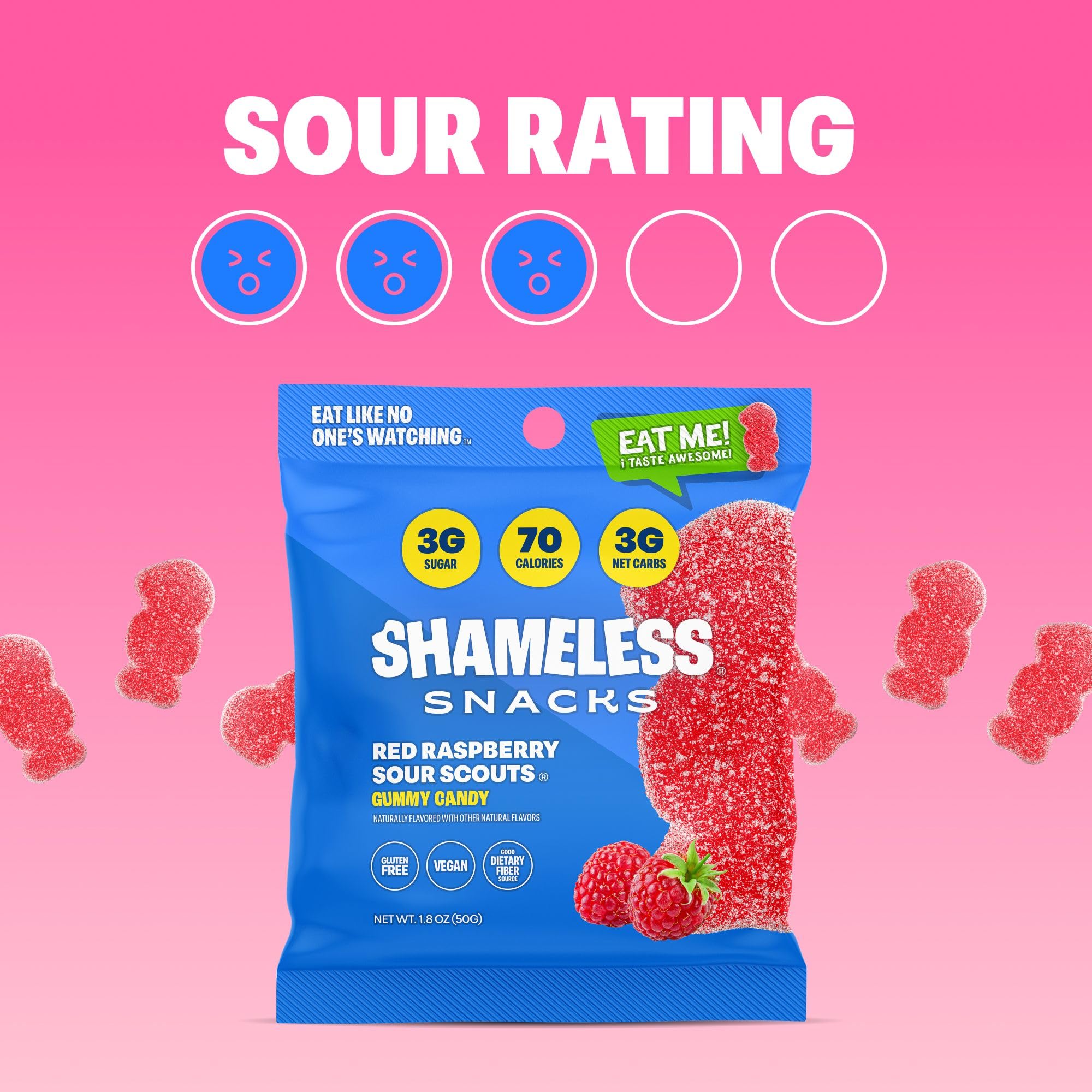 Shameless Snacks red raspberry sour pack-stack shows convenient 6-pack value.