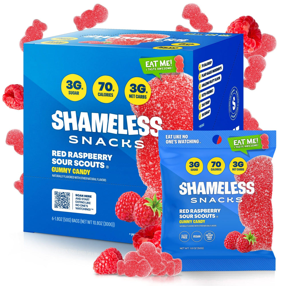 Shameless Snacks red raspberry sour pack-front shows keto-friendly, low-calorie candy option.