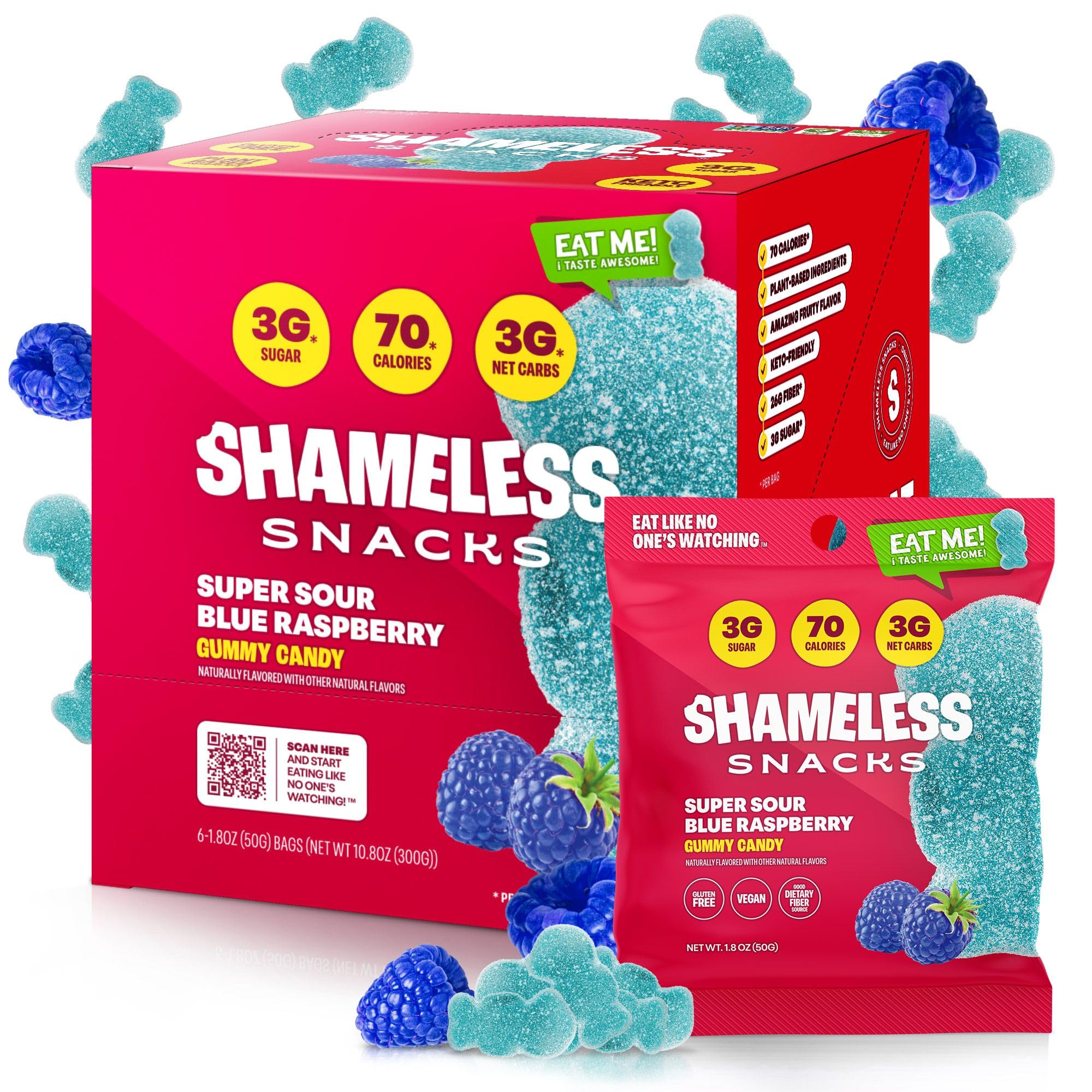 Shameless Snacks Sour Blue Raspberry bag front showing vibrant gummies for keto, low sugar snacking