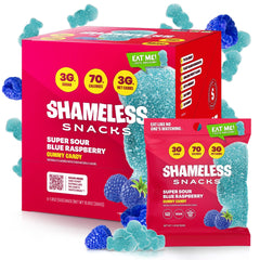 Shameless Snacks Sour Blue Raspberry bag front showing vibrant gummies for keto, low sugar snacking