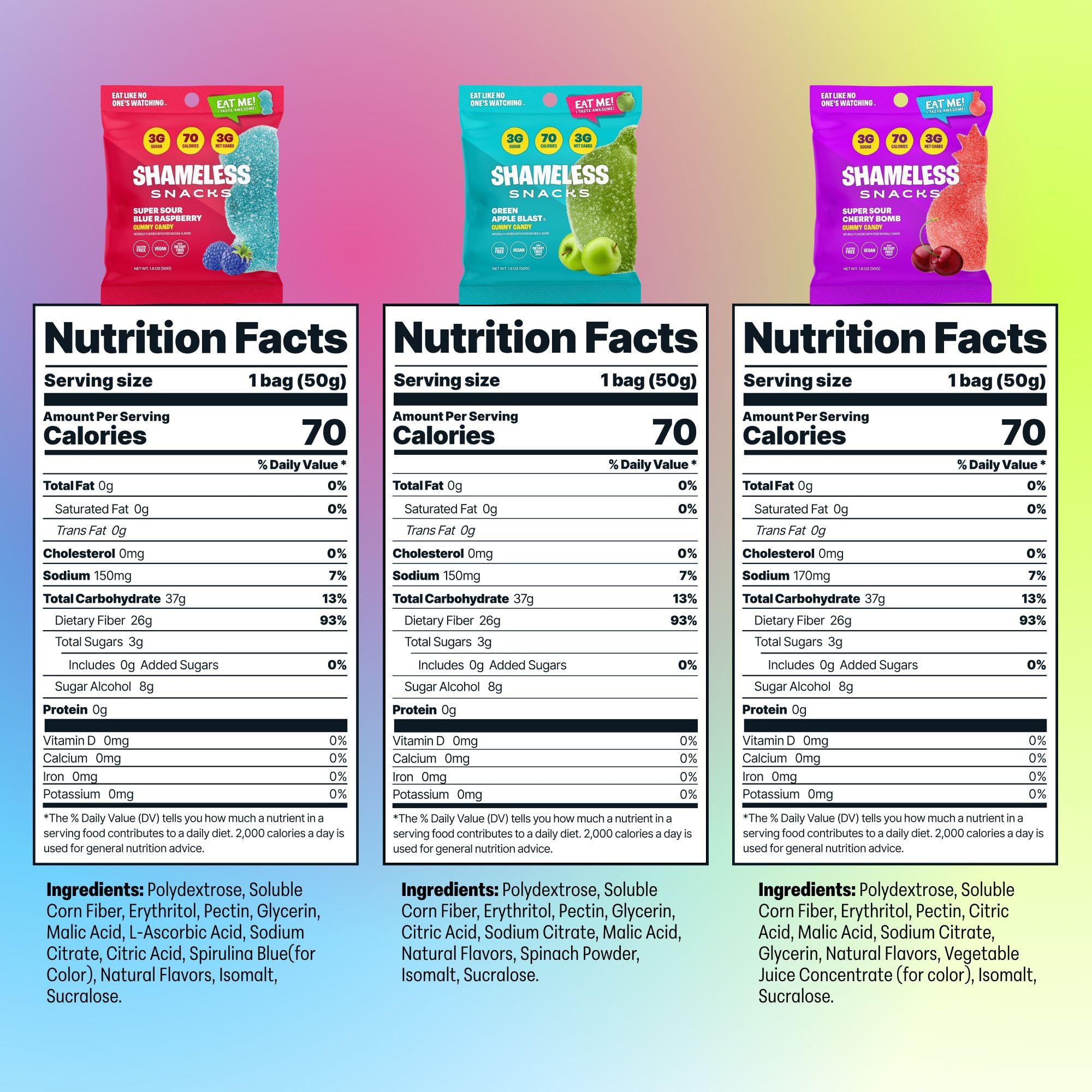 Shameless Snacks Sour Blue Raspberry gummies, low-carb treat for on-the-go.