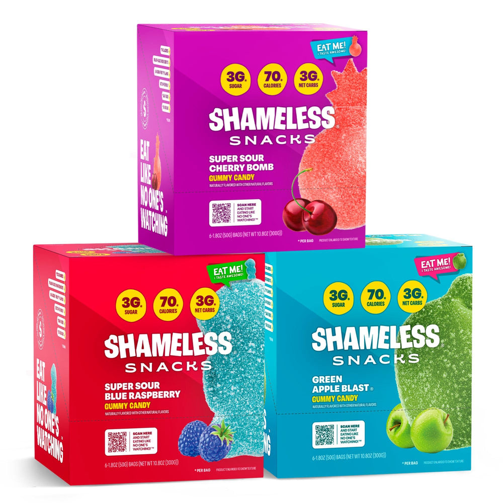 Shameless Snacks Sour Cherry Bomb gummies in a pouch, keto-friendly snack.