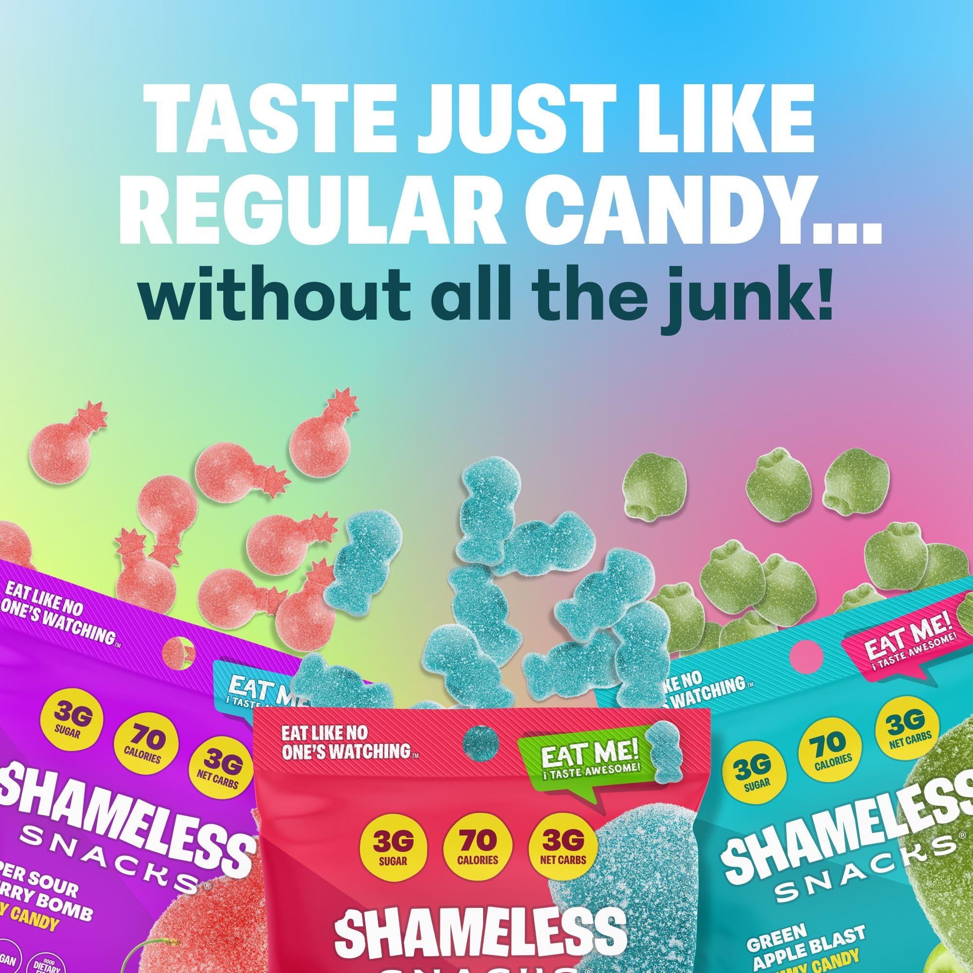 Shameless Snacks Sour Green Apple gummies, vegan-friendly tang with 3g sugar per bag.