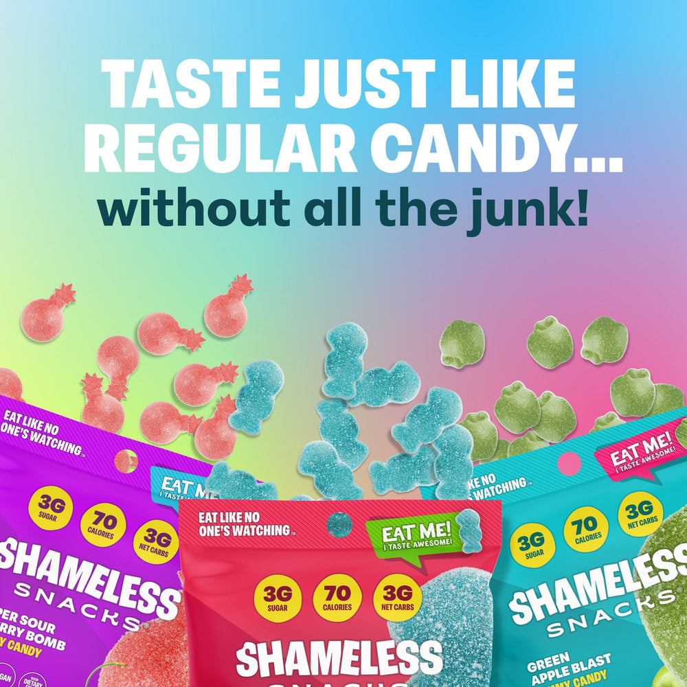 Shameless Snacks Sour Green Apple gummies, vegan-friendly tang with 3g sugar per bag.