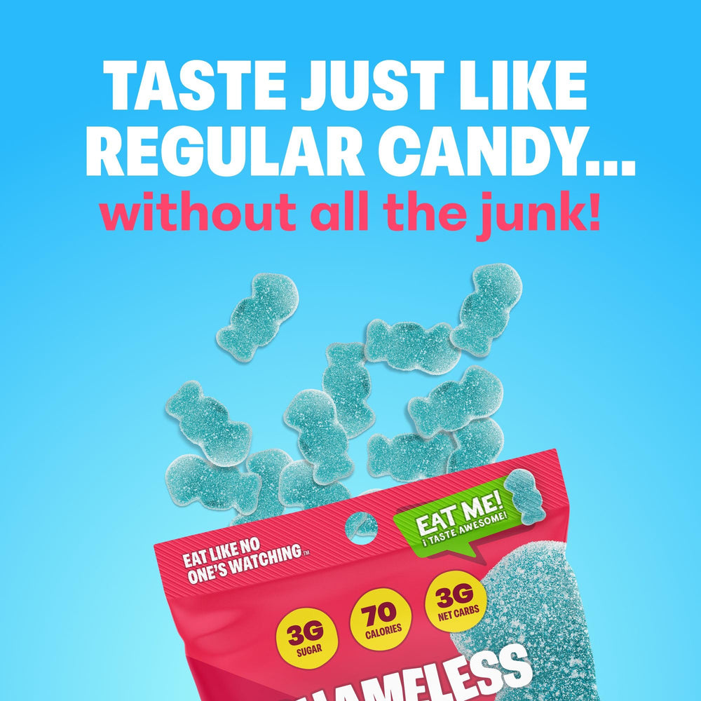 Shameless Snacks Sour Blue Raspberry gummies with tangy, sour twist