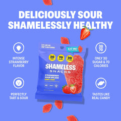 Close-up of Shameless gummies highlighting soft, chewy texture and tart flavor.