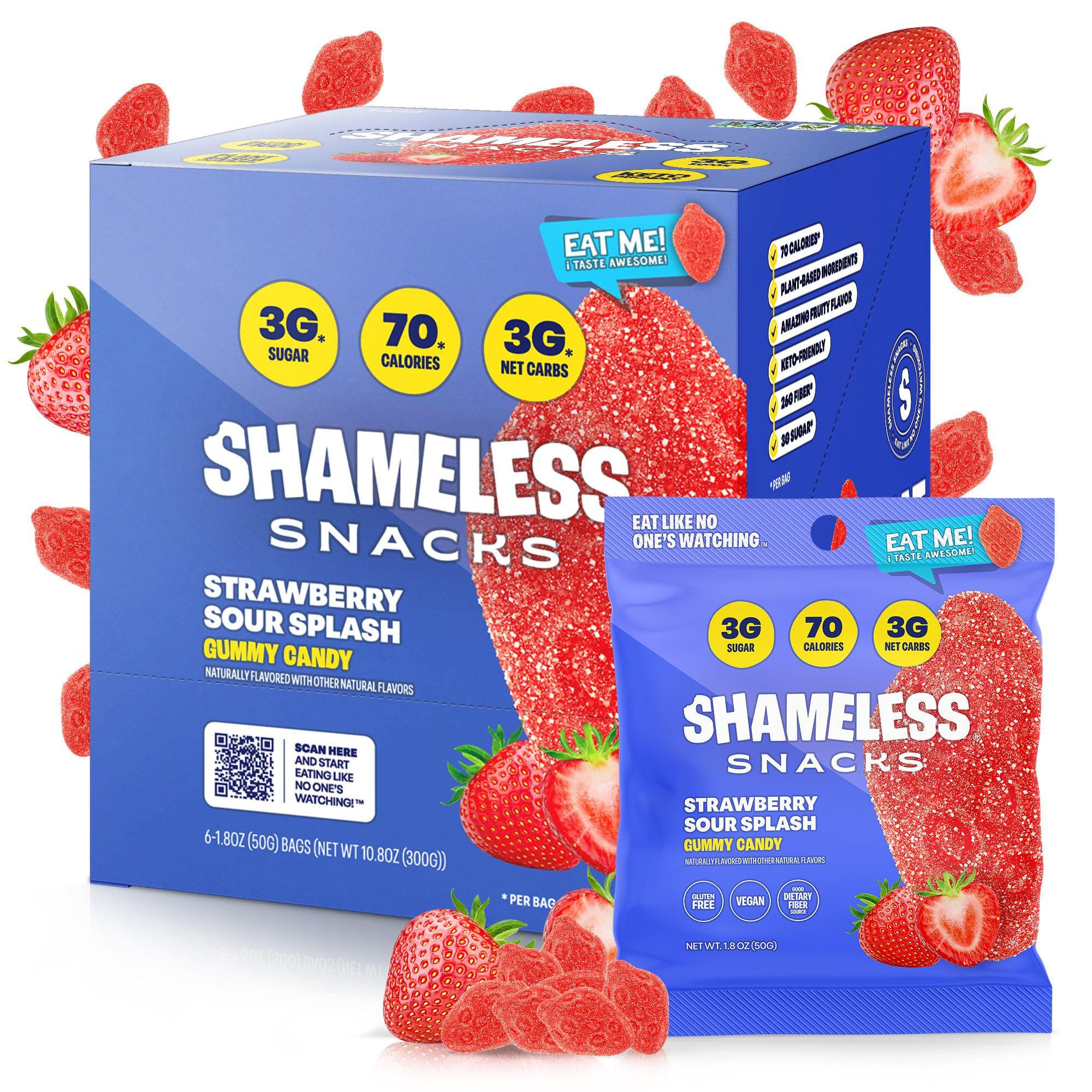 Shameless Strawberry Sour Splash bag showing keto-friendly, low-sugar gummies.
