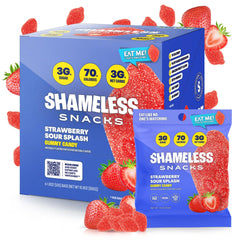 Shameless Strawberry Sour Splash bag showing keto-friendly, low-sugar gummies.