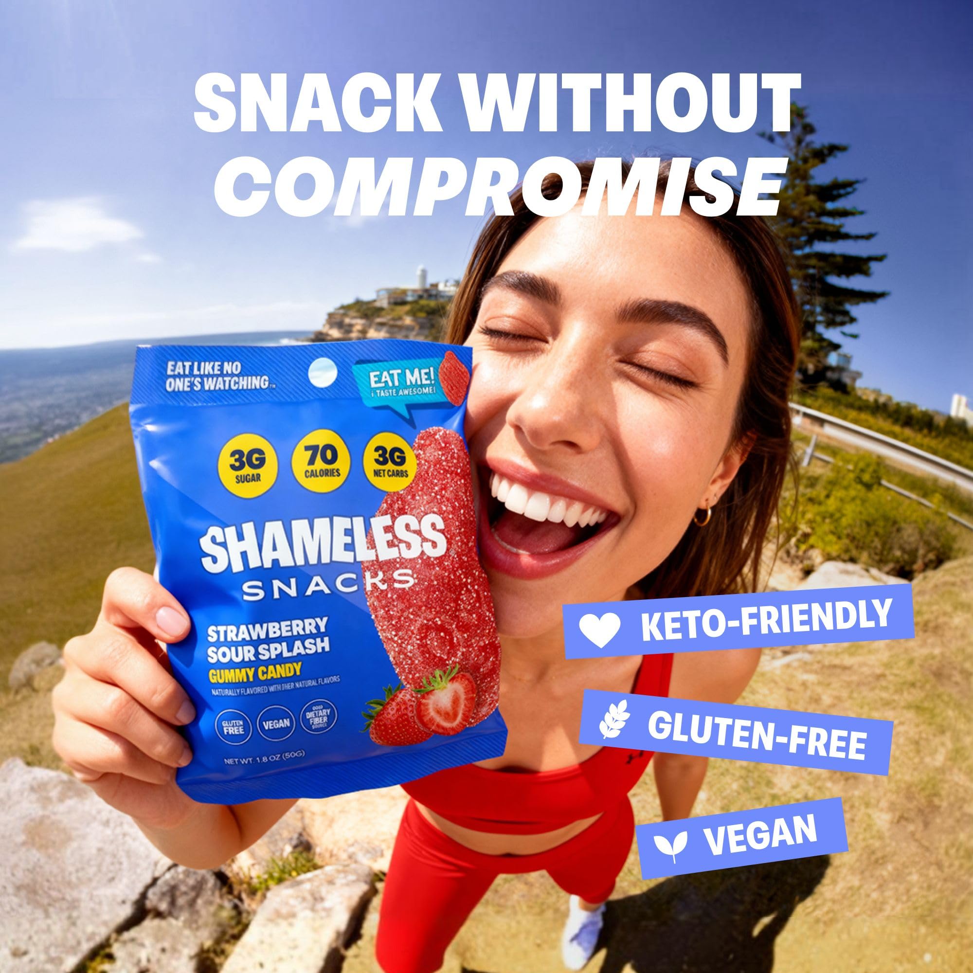 Label emphasizes vegan and gluten-free Shameless Strawberry Sour Splash candy.
