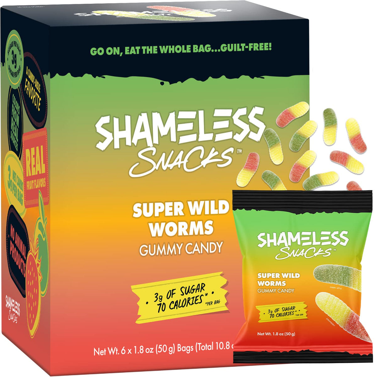 Shameless Snacks Super Wild Worms gummies in a 6-pack for keto-friendly, low-sugar snacking