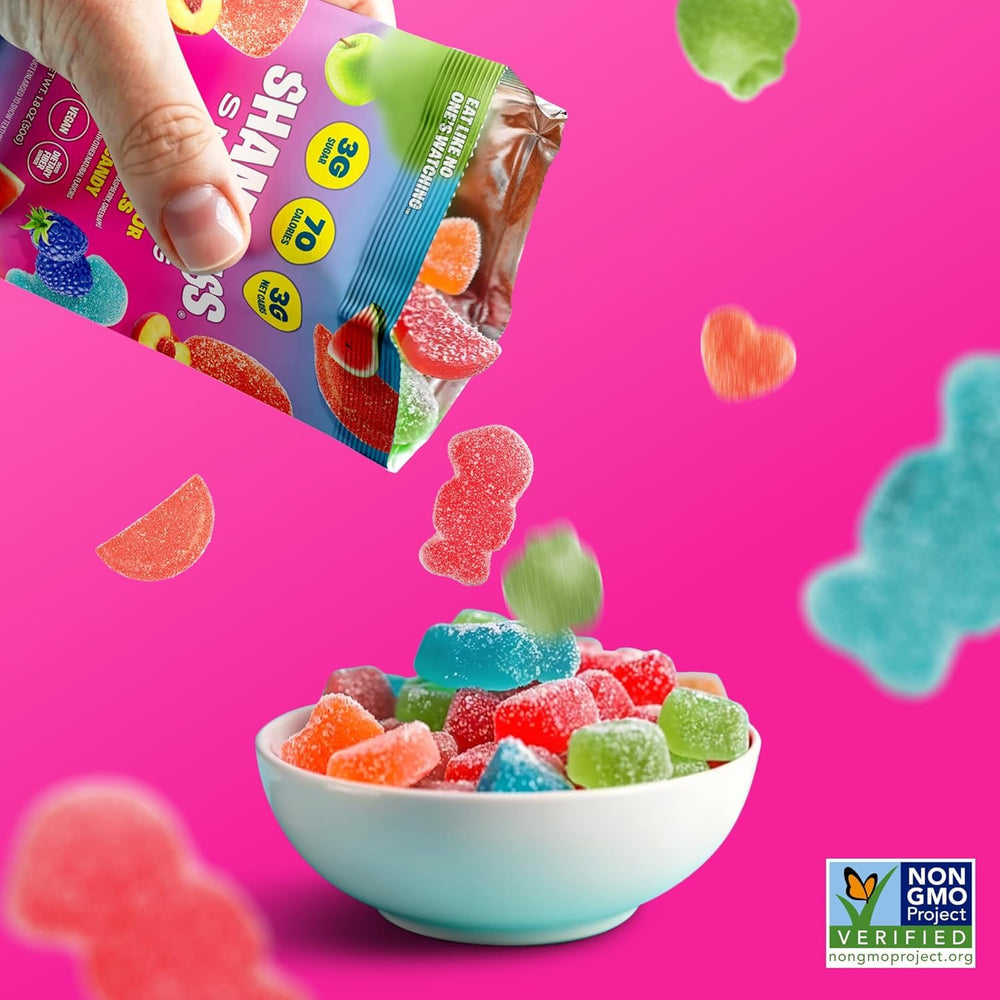 Shameless Snacks Sweet & Sour All-Stars Red Raspberry gummy close-up