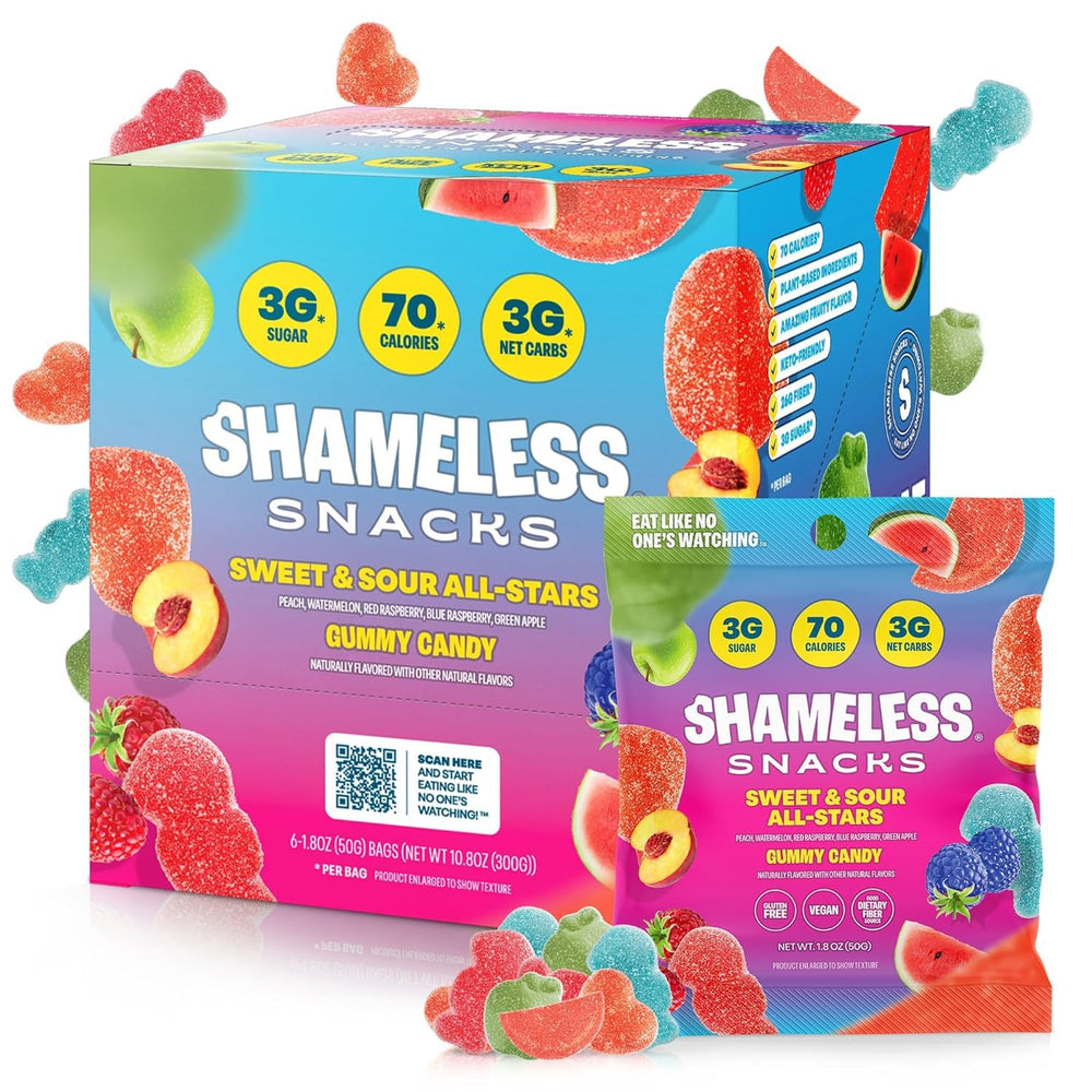 Shameless Snacks Sweet & Sour All-Stars variety pack front view for on-the-go snacking
