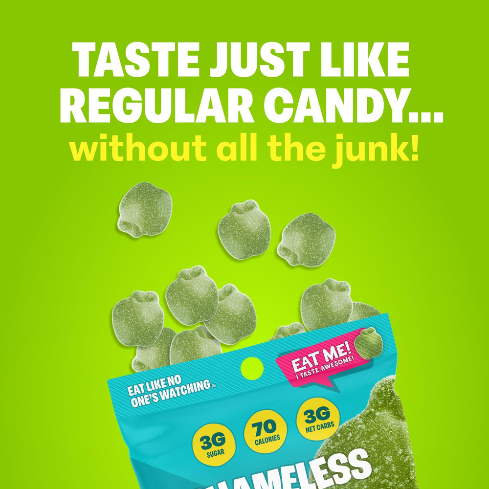 Shameless vegan gluten-free logo on packaging communicates plant-based candy.